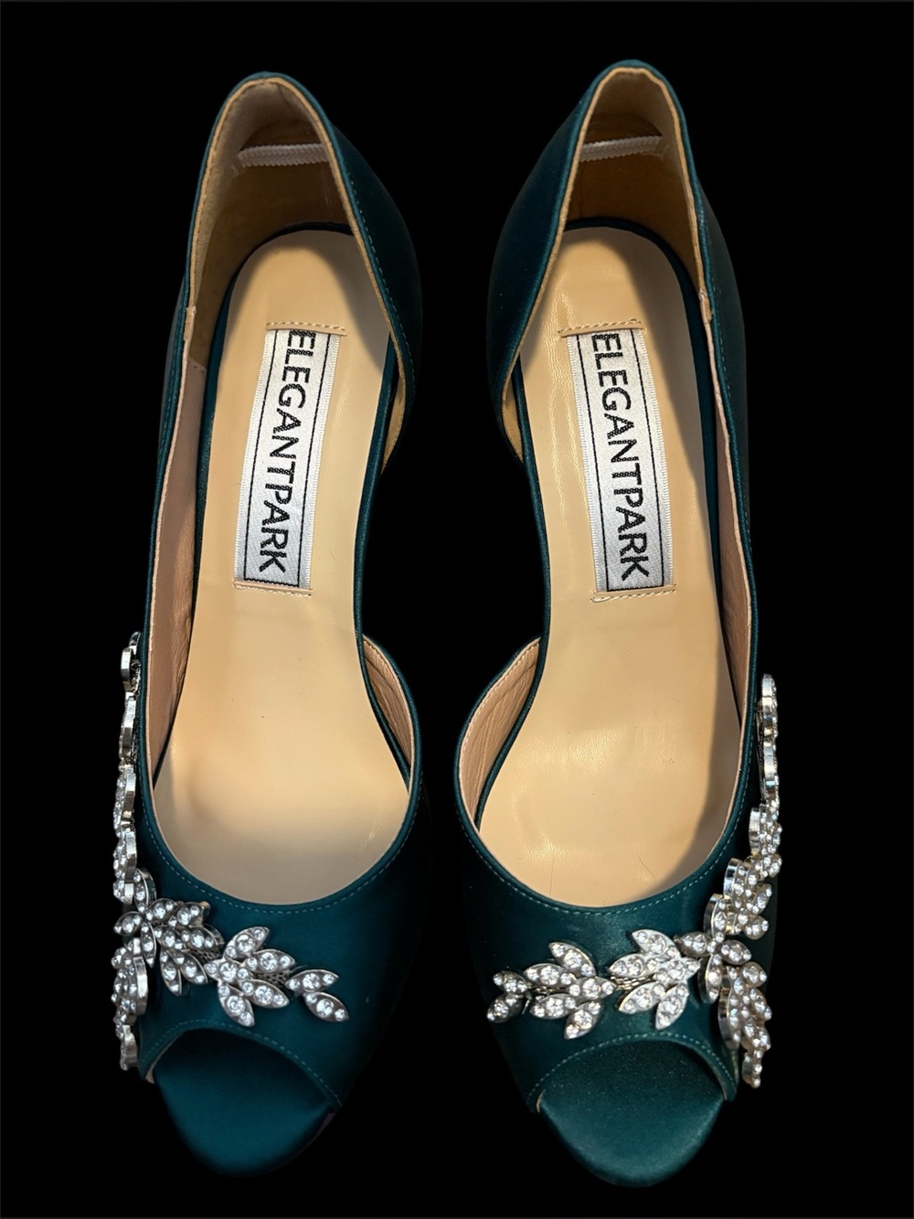 Teal/Satin Peep-Toe Heels w/
Crystal Embellishment-worn once for prom; size 7